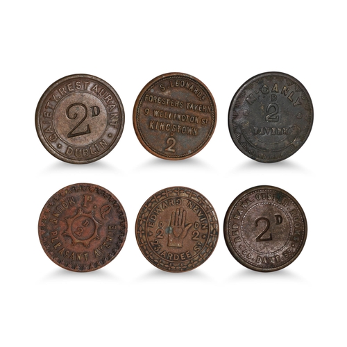 381 - 1800s 6 X IRISH 2d DUBLIN TAVERN COPPER TOKENS; Oyster Rooms Dame st, Enevi, Ardee st, PQ Mt Pleasan... 