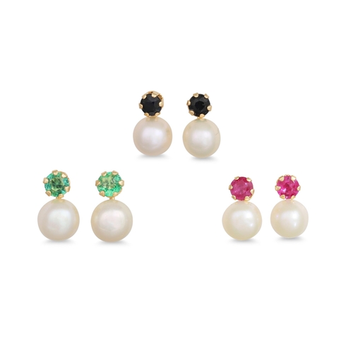 39 - THREE PAIRS OF CULTURED PEARL EARRINGS, set with sapphire, ruby & emerald