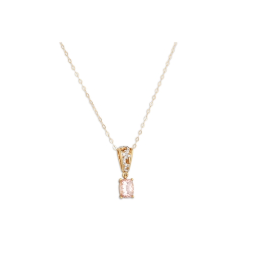 41 - A MORGANITE AND DIAMOND PENDANT, the morganite to diamond set bail, mounted in 9ct yellow gold, on a... 