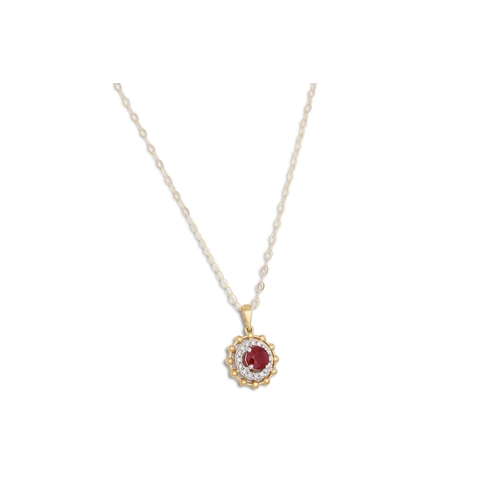 46 - A RUBY AND DIAMOND CLUSTER PENDANT, mounted in 9ct yellow gold, on a chain