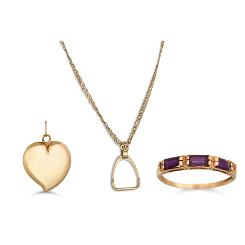 48 - A 14CT GOLD STIRRUP PENDANT & CHAIN, together with a heart pendant and a garnet set ring, 9 g.