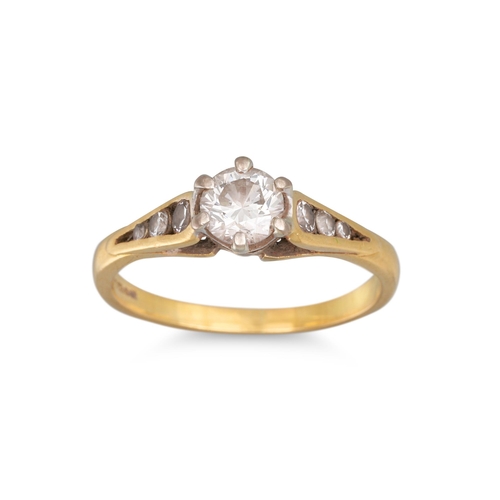 51 - A DIAMOND SOLITAIRE RING, the round brilliant cut diamond with diamond set shoulders, mounted in 18c... 