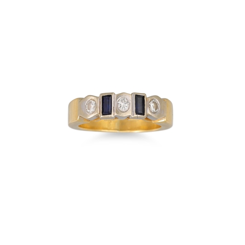 56 - A FIVE STONE DIAMOND AND SAPPHIRE DRESS RING, mounted in 18ct yellow gold, size K - L, 6.5 g.