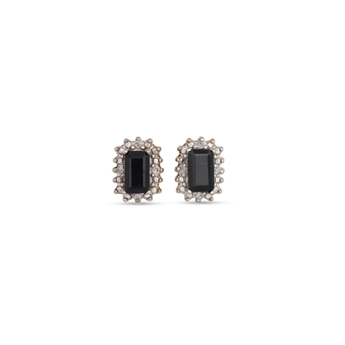 61 - A PAIR OF DIAMOND AND SAPPHIRE EARRINGS, the central sapphire to diamond surrounds, mounted in .925 ... 