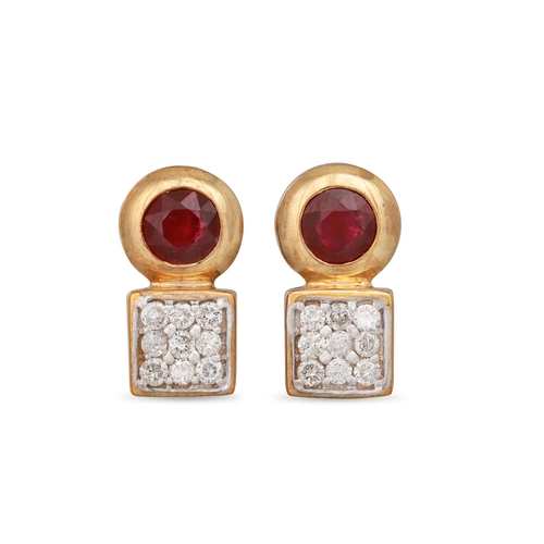 63 - A PAIR OF DIAMOND AND RUBY EARRINGS, the round rubies to a diamond cluster, of square form, mounted ... 