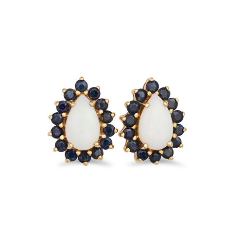 74 - A PAIR OF OPAL AND SAPPHIRE EARRINGS, the pear shaped opals to sapphire surrounds, mounted in yellow... 