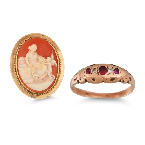 8 - A 9CT GOLD FRAMED CAMEO BROOCH, together with an antique ruby & diamond ring