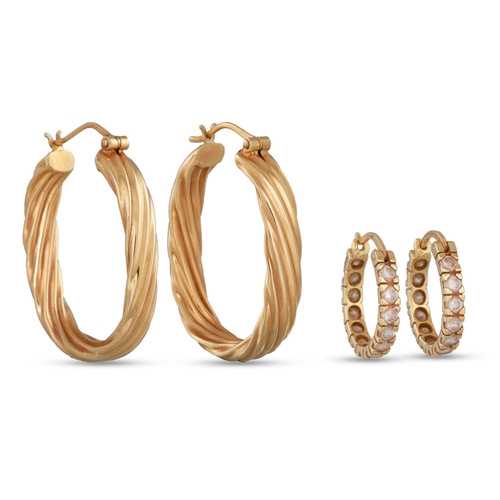 86 - A PAIR OF 14CT YELLOW GOLD HOOP EARRINGS, together with a pair of cubic zirconia earrings, mounted i... 