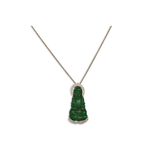 13 - A DIAMOND AND JADE SET PENDANT, mounted in 18ct gold