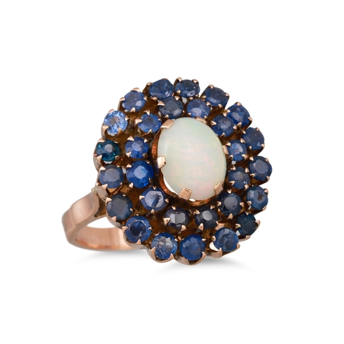 136 - AN OPAL AND SAPPHIRE CLUSTER RING, the oval opal to a two rowed sapphire surround, mounted in 9ct ye... 