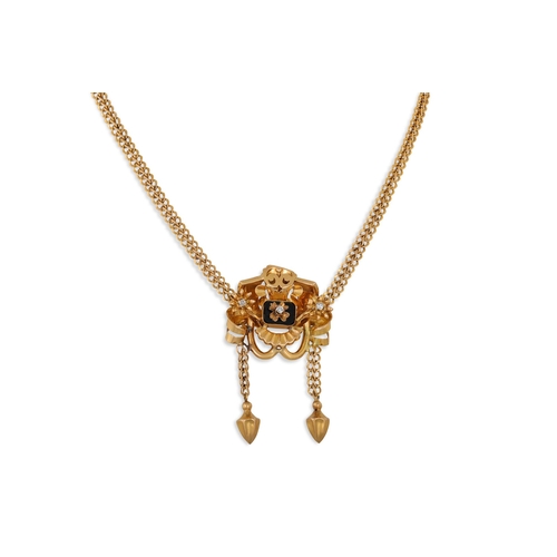 19 - A 1940s 18CT GOLD NECK PIECE, the scrolled centre panel set with onyx and diamond, suspending tassel... 