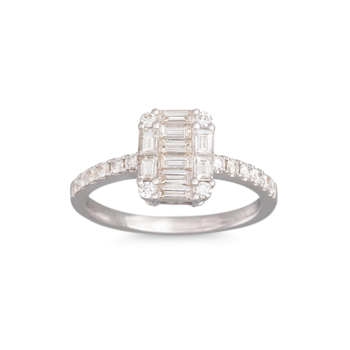 270 - A DIAMOND CLUSTER RING, the baguette cut diamonds to brilliant cut surround and shoulders, mounted i... 