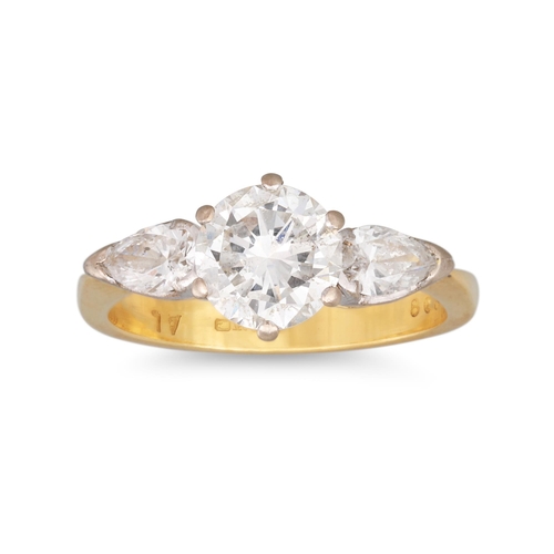 301 - A DIAMOND SOLITAIRE RING, the brilliant cut diamond to pear shaped to diamond shoulders, mounted in ... 