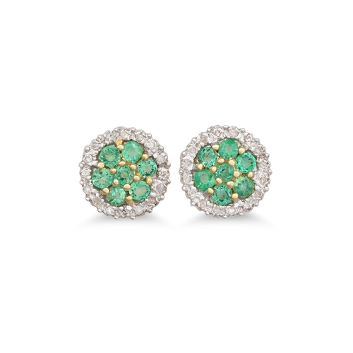 31 - A PAIR OF DIAMOND AND EMERALD CLUSTER EARRINGS, mounted in 9ct gold