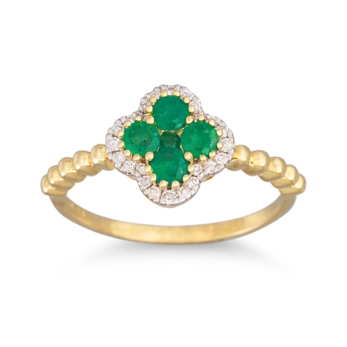 32 - A DIAMOND AND EMERALD CLUSTER RING, the four emeralds to diamond surround, mounted in 9ct gold, size... 