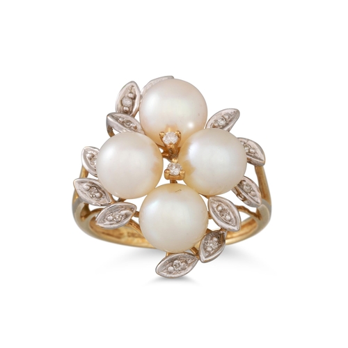 38 - A DIAMOND AND PEARL CLUSTER RING, the four pearls to diamond set surround, mounted in 9ct yellow gol... 