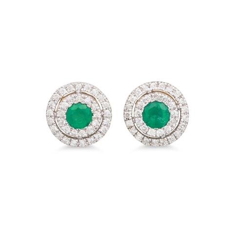 44 - A PAIR OF DIAMOND AND EMERALD CLUSTER EARRINGS, mounted in gold