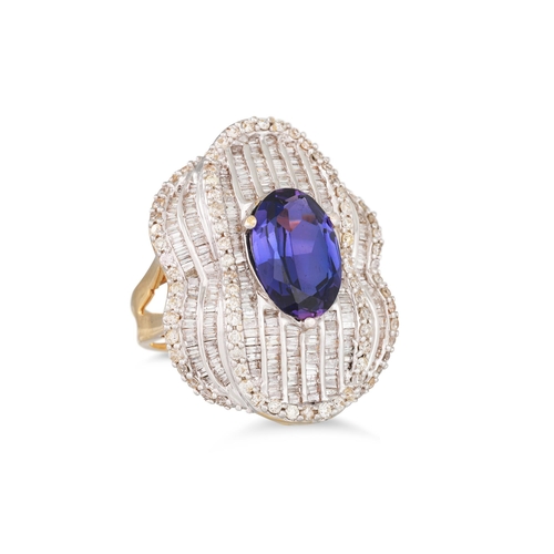 48 - A DIAMOND AND AMETHYST RING, mounted in yellow gold, size K - L