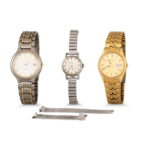 494 - A LADY'S OMEGA AUTOMATIC WRISTWATCH, stainless steel silvered face, baton markers & date, together w... 