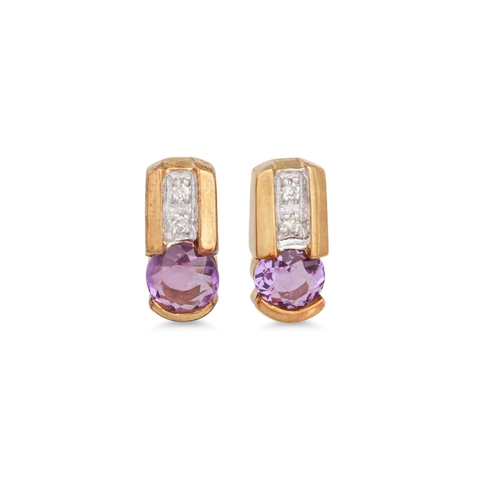 50 - A PAIR OF DIAMOND AND AMETHYST STUD EARRINGS, mounted in 9ct gold