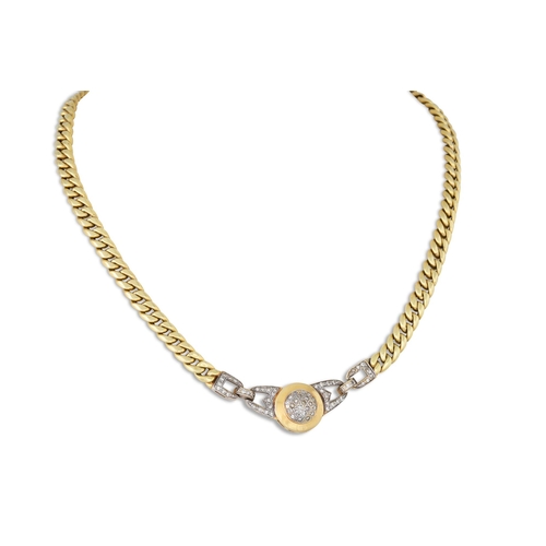 55 - A 14CT YELLOW GOLD FLAT CURB CHAIN, with diamond set panel to centre, 30 g.