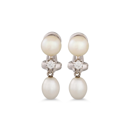 57 - A PAIR OF PEARL AND DIAMOND DROP EARRINGS, mounted in 18ct white gold