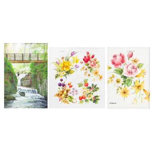 578 - J.R. MARSHALL, 20th century, Two studies of fruit and flowers, together with one of a waterfall