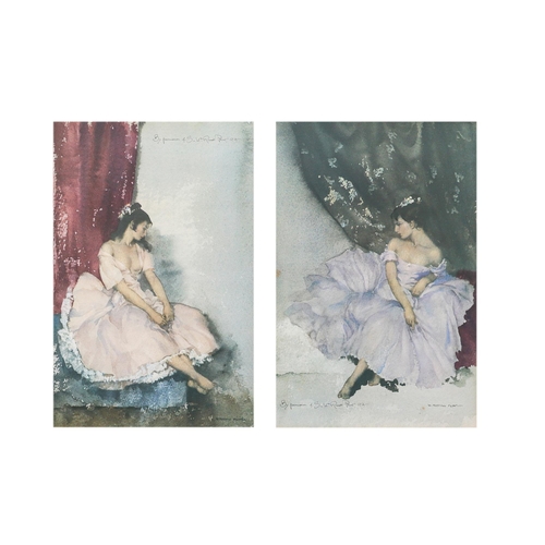 580 - A PAIR OF PRINTS, after sir Russell Flint, both depicting ballerinas, 40 x 59 cm.