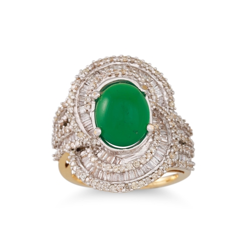 60 - A DIAMOND AND GREEN STONE CLUSTER RING, of large proportions, mounted in yellow gold, size K