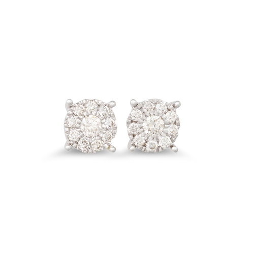 21 - A PAIR OF DIAMOND CLUSTER EARRINGS, of halo form, mounted in 9ct white gold