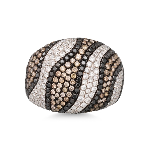 28 - A DIAMOND BOMBE RING, the white and brown diamonds of abstract form, mounted in 18ct white gold, siz... 