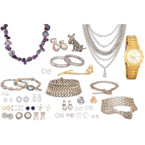 59 - A COLLECTION OF COSTUME AND SILVER JEWELLER, together with a Seiko watch