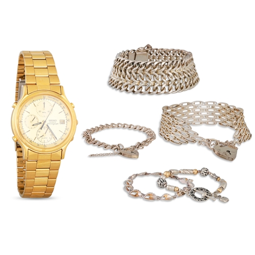 59 - A COLLECTION OF COSTUME AND SILVER JEWELLER, together with a Seiko watch