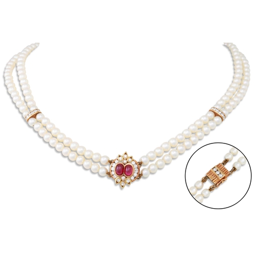 107 - A CULTURED PEARL DOUBLE ROW CHOKER NECKLACE, diamond set spacers & clasp in 14ct gold