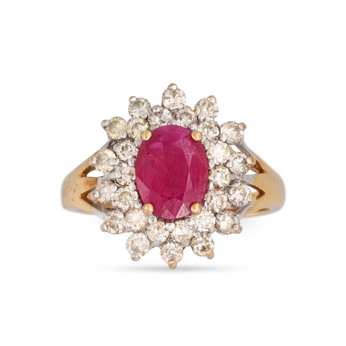 111 - A RUBY AND DOUBLE ROW DIAMOND CLUSTER RING, mounted in 9ct yellow gold, size M - N