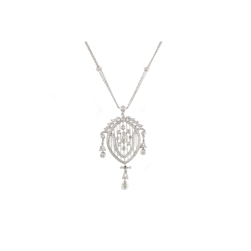 168 - A DIAMOND SET CHANDELIER PENDANT AND CHAIN, of open worked design, set throughout with marquise, pea... 