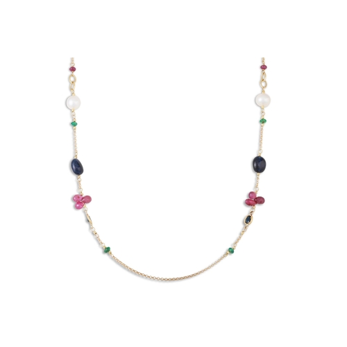 191 - A MULTI-GEM SET BEADED NECKLACE, set with sapphire, ruby, pearls, on a yellow gold chain