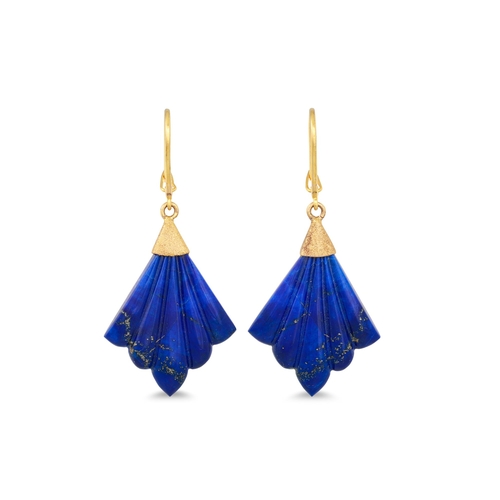 206 - A PAIR OF LAPIS LAZULI AND SET EARRINGS, mounted in gold