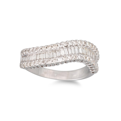 208 - A THREE ROWED DIAMOND RING, the brilliant cut and baguette cut diamonds mounted in 18ct white gold. ... 