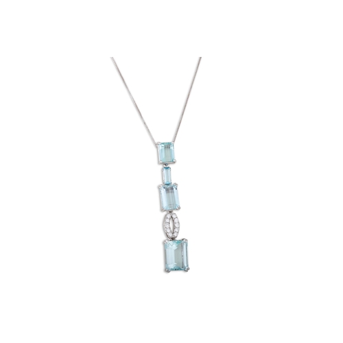 214 - AN AQUAMARINE AND DIAMOND NECKLACE, comprising four rectangular aquamarines to a diamond set link on... 