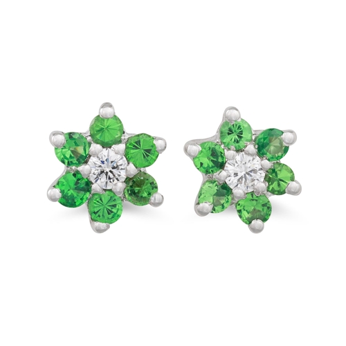 222 - A PAIR OF GREEN GARNET AND DIAMOND CLUSTER EARRINGS, mounted in white gold