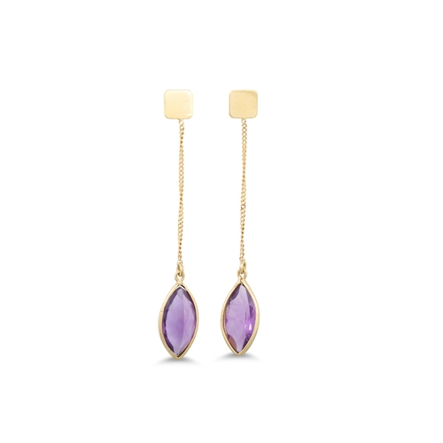 224 - A PAIR OF AMETHYST DROP EARRINGS, mounted in yellow gold