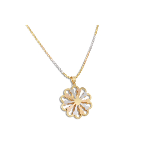 269 - AN 18CT GOLD THREE COLOUR FLOWER PENDANT, together with a chain, 11.2 g.