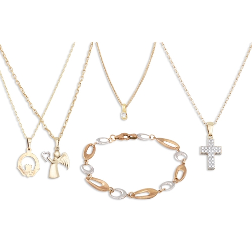 276 - A COLLECTION OF 9CT GOLD ITEMS, to include four chains and a bracelet, 16 g.