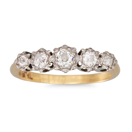 279 - A FIVE STONE DIAMOND RING, mounted in platinum and 18ct yellow gold. Estimated: weight of diamonds: ... 