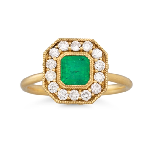 294 - AN EMERALD AND DIAMOND CLUSTER RING, the square trap cut emerald to a diamond surround, mounted in y... 