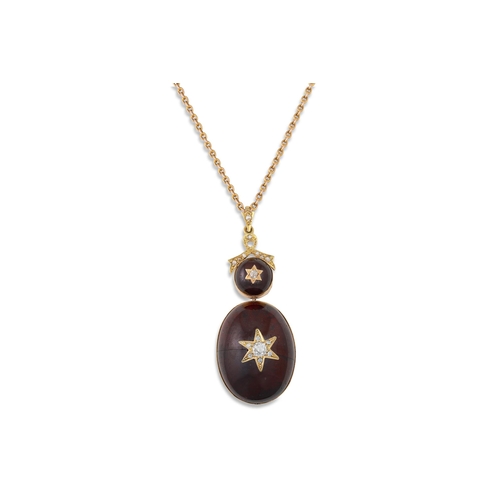 302 - A ANTIQUE CABOCHON GARNET AND OLD CUT DIAMOND PENDANT, on a gold chain