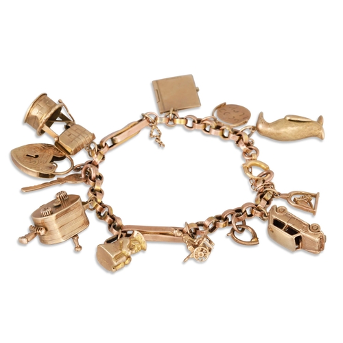 361 - A GOLD CHARM BRACELET, suspending various charms, 35.7 g.