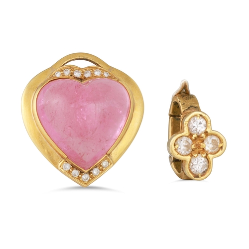 371 - A TOURMALINE AND DIAMOND PENDANT, the heart shaped cabochon tourmaline to a gold diamond set frame