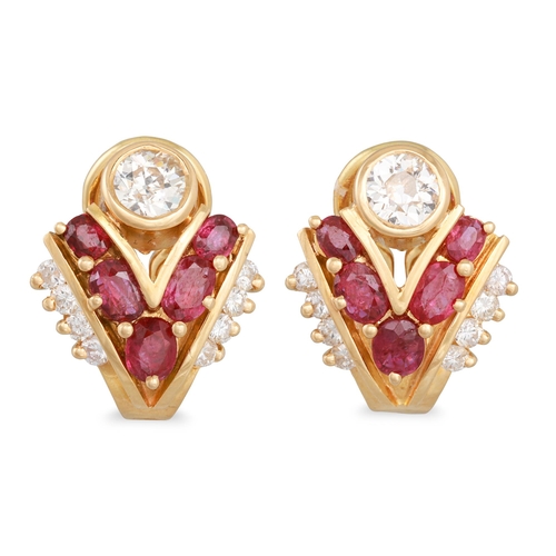 396 - A PAIR OF RUBY AND DIAMOND EARRINGS, French hallmarks for 18ct yellow gold. Estimated: weight of dia... 